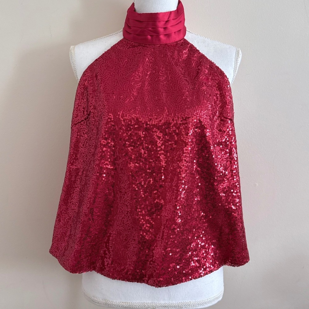 New York & Company Red Sequin Halter Top Open Back High Neck Medium
